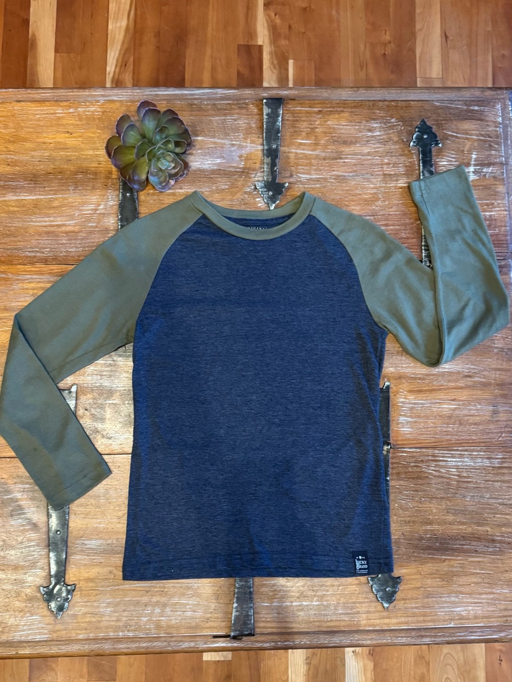 Lucky Brand Navy Body Olive Green Raglan Long-Sleeve Tee